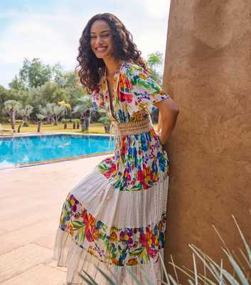 Blue Vanilla White Floral Print Maxi Dress
