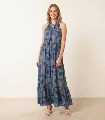 Blue Vanilla Bright Blue Tiered Tie Neck Maxi Dress