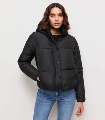 Tall Black Cropped Hooded Puffer Jacket