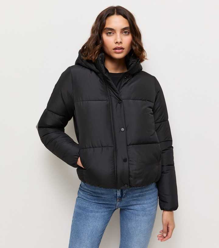 Tall Black Cropped Hooded Puffer Jacket