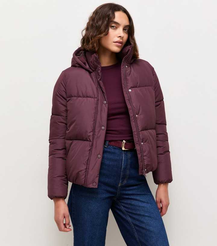 Tall Dark Burgundy Cropped Hooded Puffer Jacket