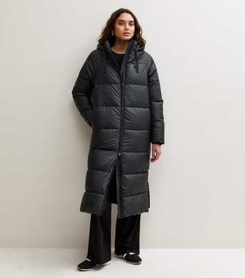 Tall Black Longline Hooded Puffer Jacket