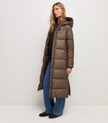 Tall Dark Brown Longline Hooded Puffer Jacket