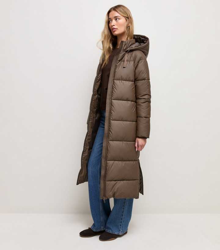 Tall Dark Brown Longline Hooded Puffer Jacket