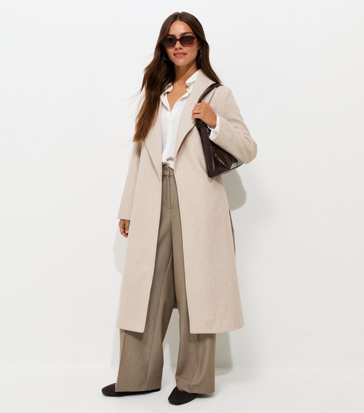 Women's Petite Oatmeal Shawl Collar Belted Wrap Coat New Look