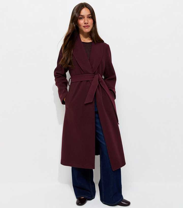 Petite Dark Burgundy Shawl Collar Belted Coat