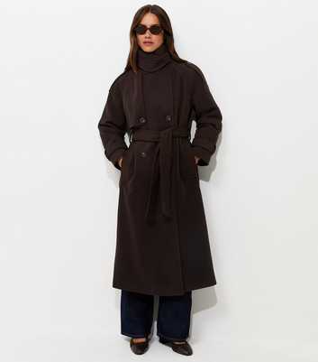 Petite Dark Brown Funnel Neck Long Length Coat