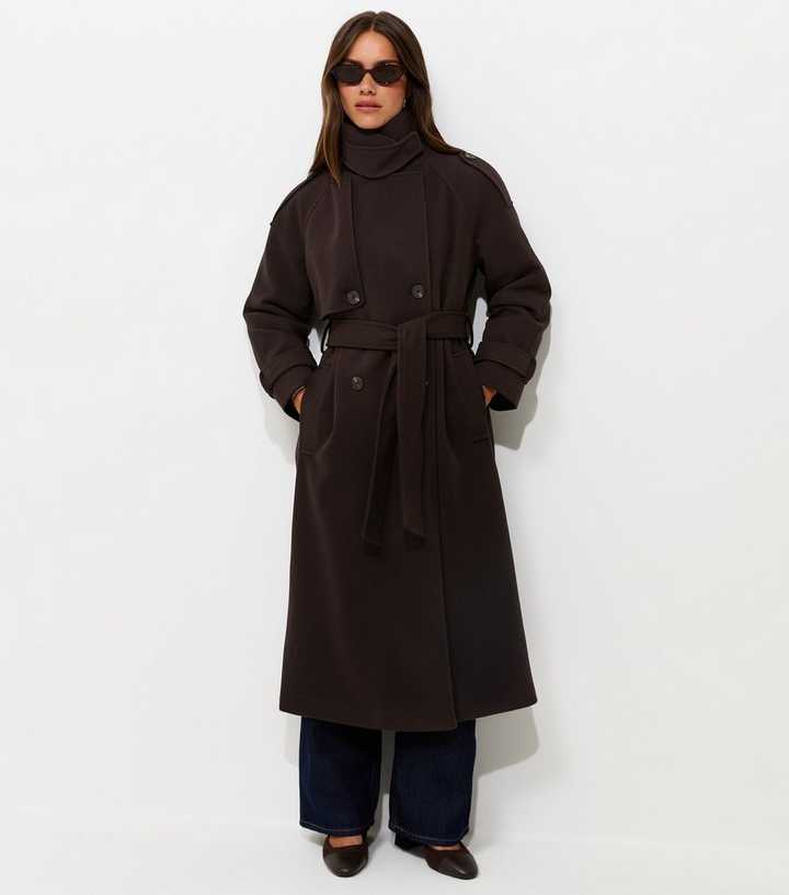 Petite Dark Brown Funnel Neck Long Length Coat