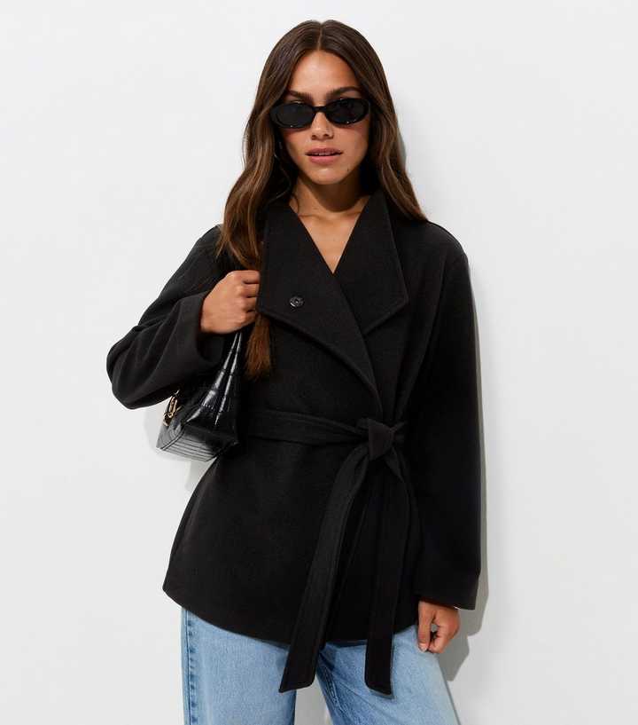 Petite Black Belted High Collar Jacket