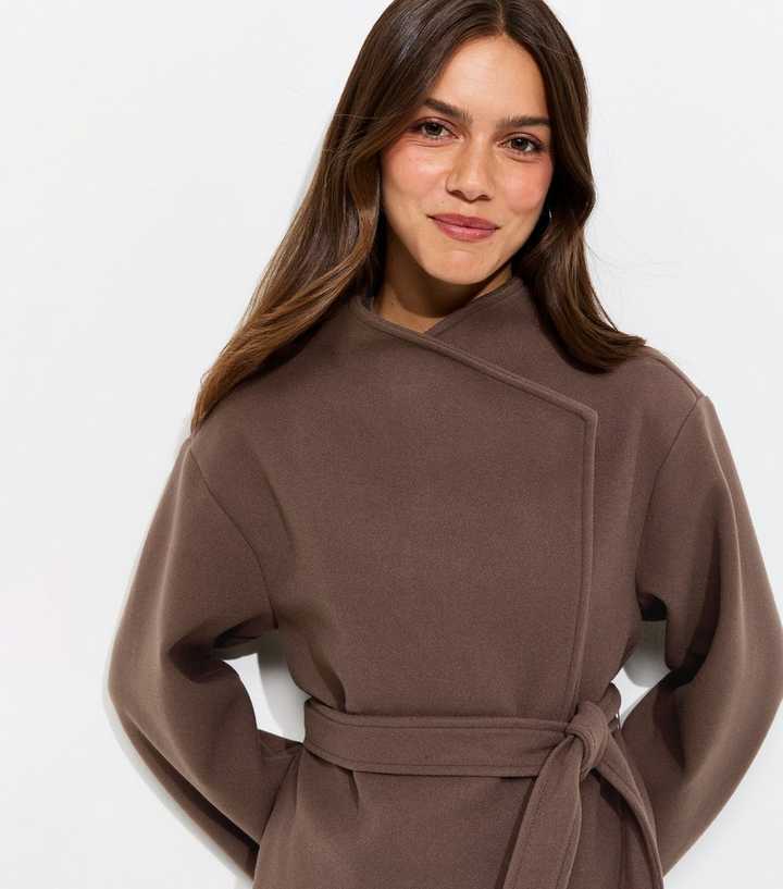 Petite Dark Mink Belted High Neck Woven Short Jacket