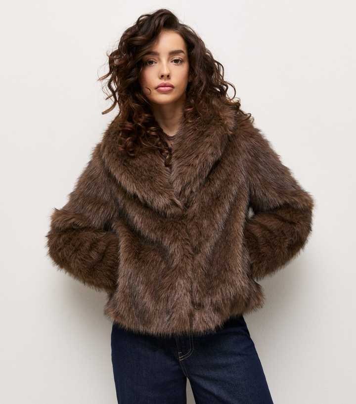 Petite Brown Faux Fur Shawl Collar Jacket