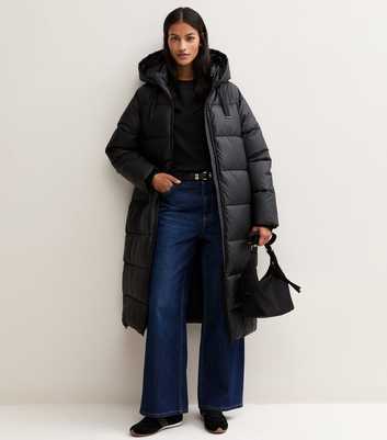 Petite Black Long Length Hooded Puffer Jacket