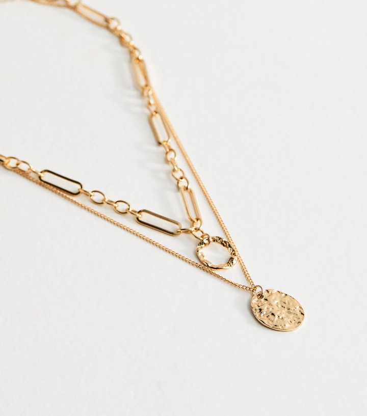 Gold Tone 2 Layer Textured Coin Pendant Necklace