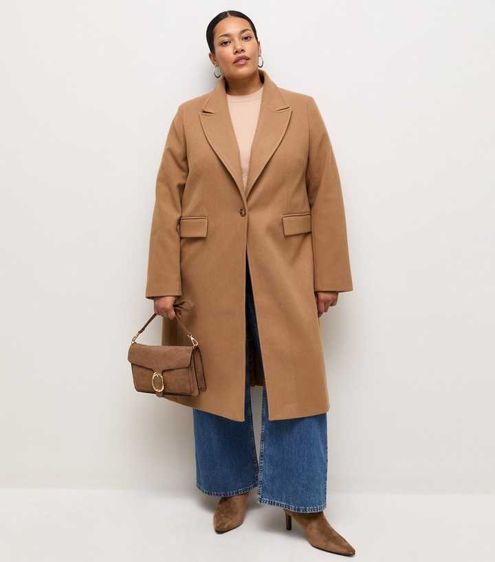 Curves Camel Peak Lapels Single Button Coat