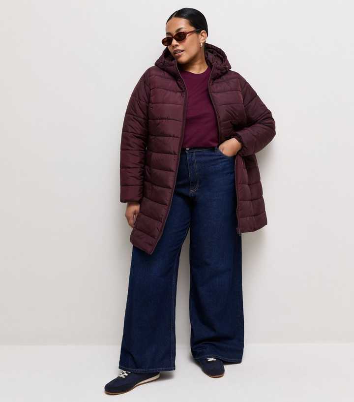 Curves Dark Burgundy Hooded Mid Length Padded Jacket