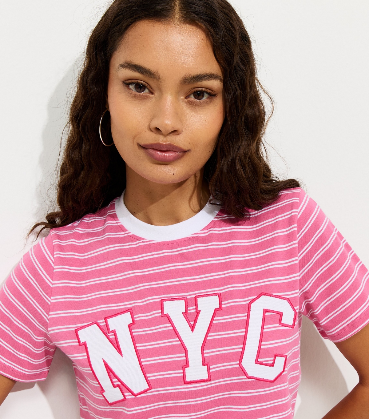Women's Petite Pink Cotton Striped NYC Relaxed T-Shirt New Look