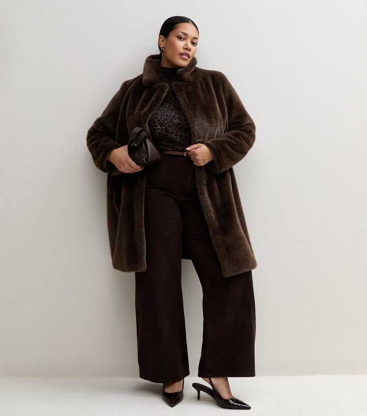 Curves Dark Brown Faux Fur Faux Fur High Collar Coat