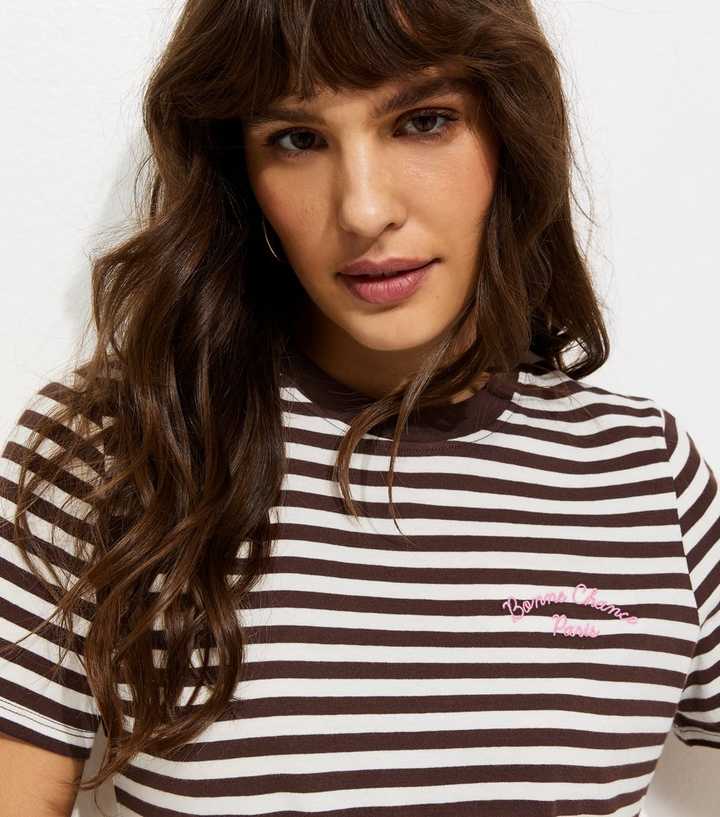 Tall Brown Cotton Striped Bonne Chance Embroidery T-Shirt