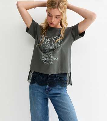 Grey New York Leopard Print Lace Trim T-Shirt