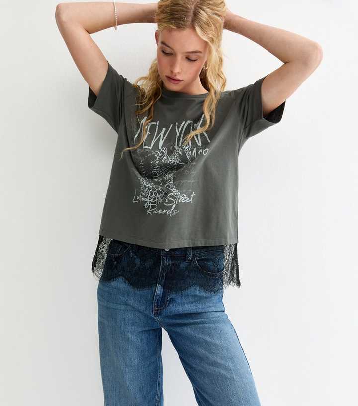 Grey New York Leopard Print Lace Trim T-Shirt