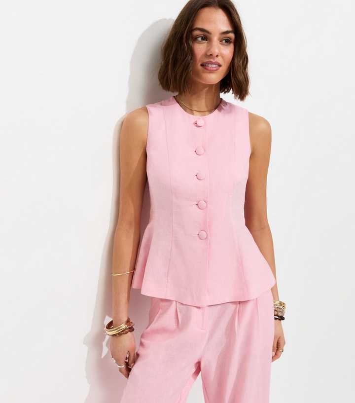 Light Pink Linen Rich Button Through Peplum Waistcoat