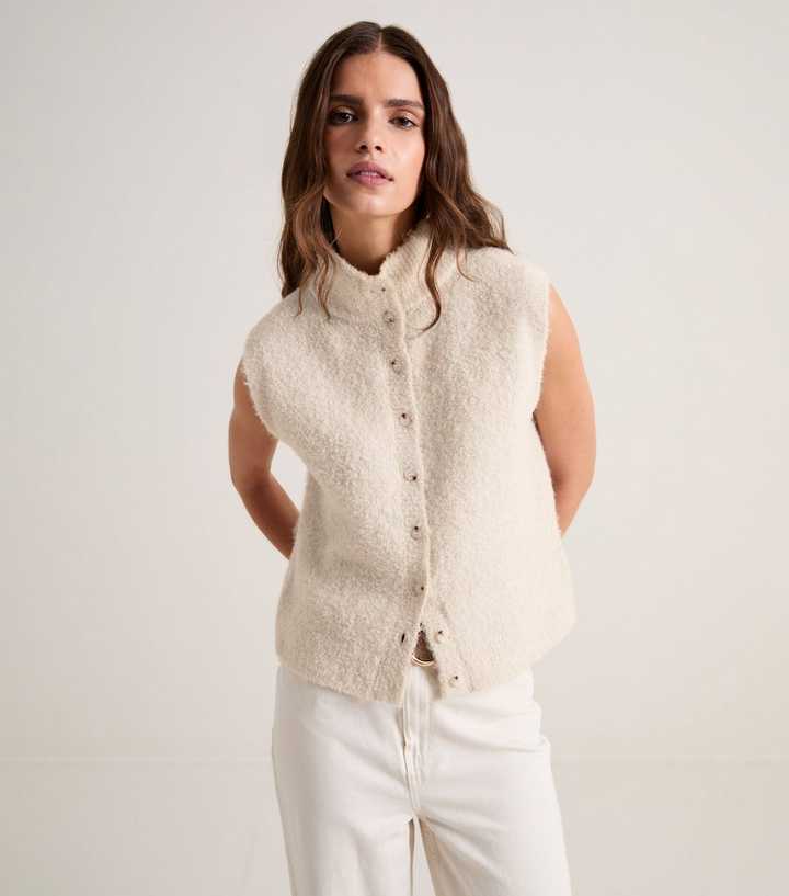 Premium with Wool Cream Boucle Knit Funnel Neck Waistcoat