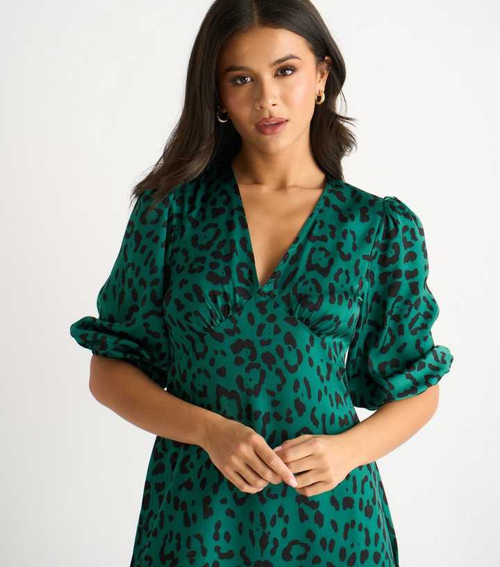 Gini London Dark Green Animal Print Midi Dress | New Look Gini London Dark Green Animal Print Midi Dress | New Look