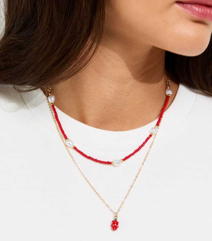 Gold Tone Dark Pink 2 Layer Strawberry Charm Necklace