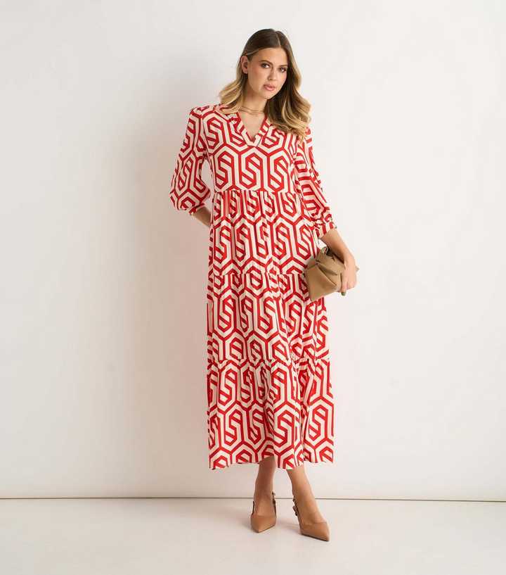 Gini London Red Geometric Print Midi Dress