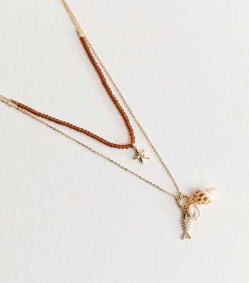 Gold Tone Double Layer Beaded Multi Charm Necklace