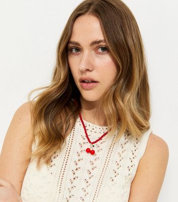 Bright Red Beaded Cherry Pendant Necklace