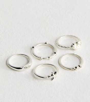 Pack of 5 Silver Tone Faux Pearl and Diamanté Rings
