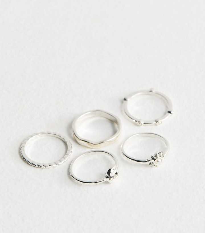 Pack of 5 Silver Tone Sun and Moon Rings