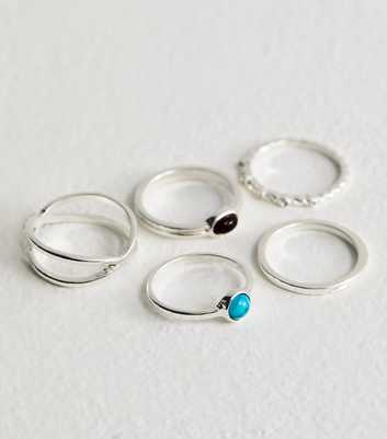 Pack of 5 Silver Tone Faux Stone Rings