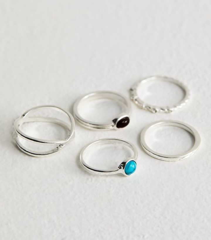 Pack of 5 Silver Tone Faux Stone Rings