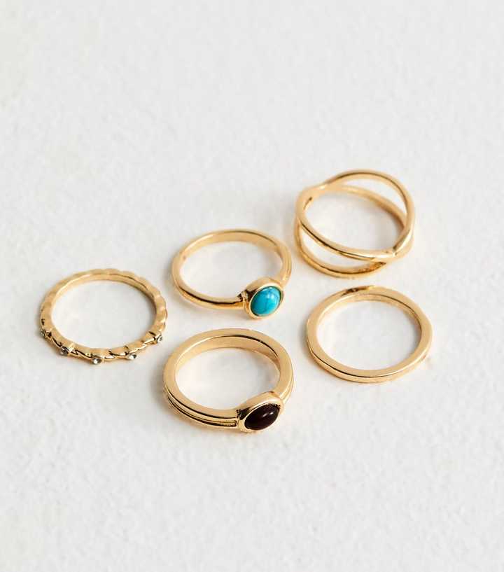 Pack of 5 Gold Tone Faux Stone Rings