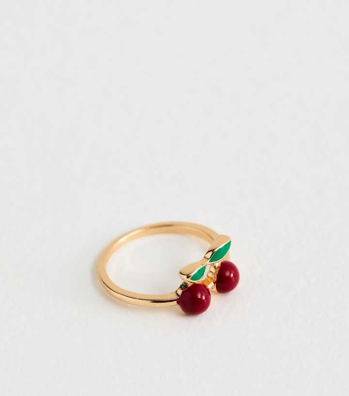 Gold Tone Red Cherry Ring