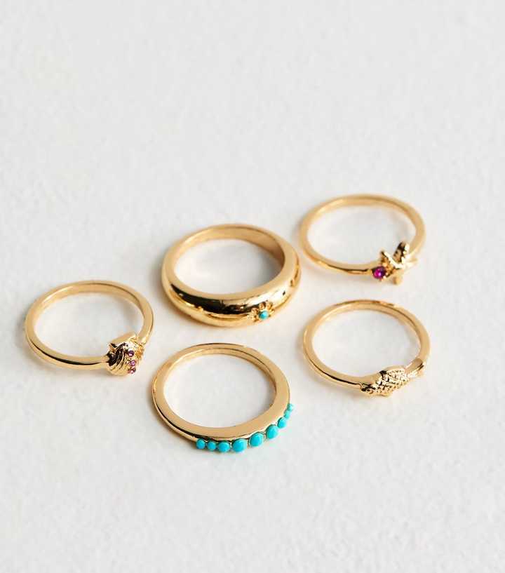 Pack of 5 Gold Tone Beach Charm Rings