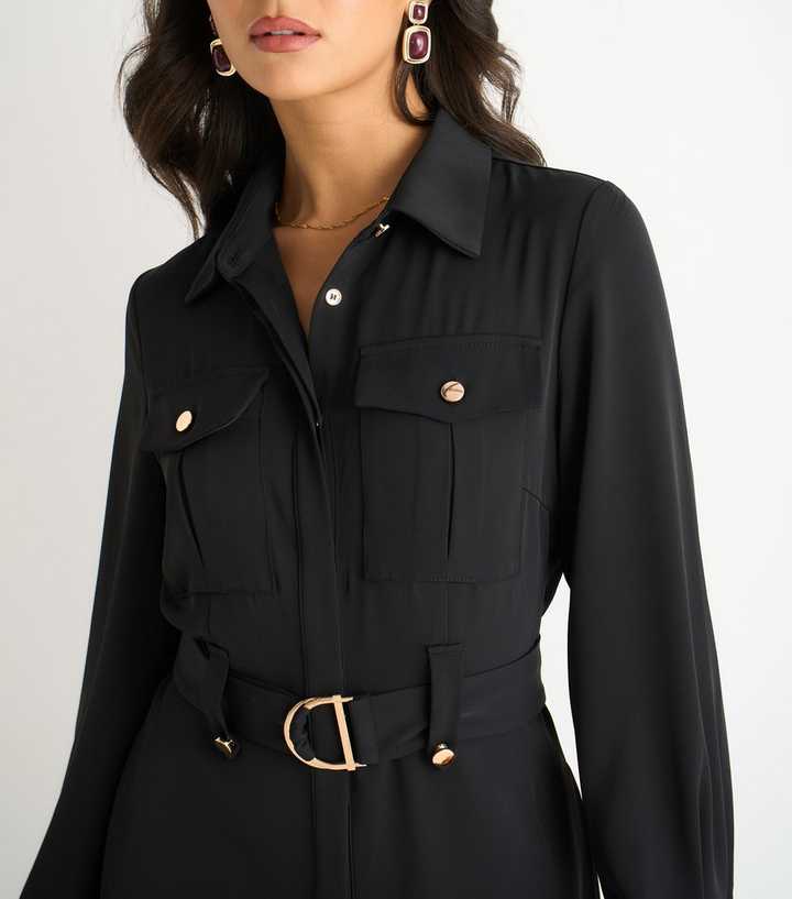 Gini London Black Gold Button Shirt Dress | New Look