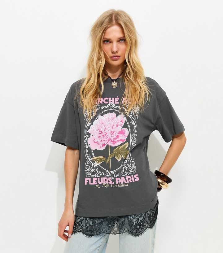 Dark Grey Oversized Flower Print Lace Hem T-Shirt