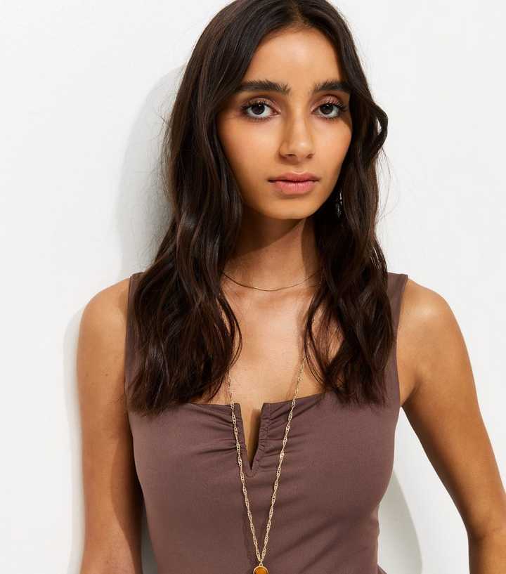 Dark Brown Jersey Notch Neck Tank Bodysuit