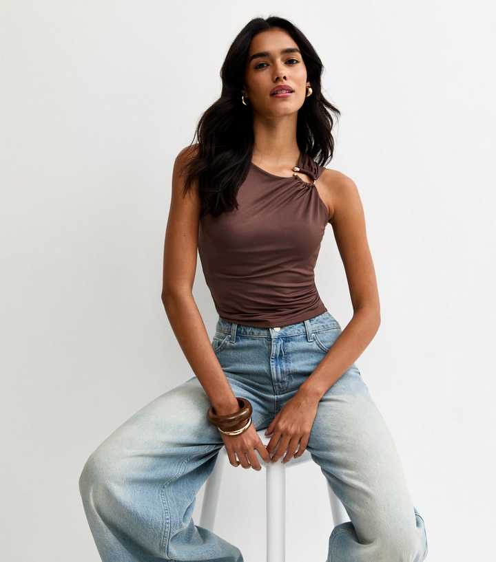 Dark Brown Jersey Asymmetric Hardware Detail Tank Top