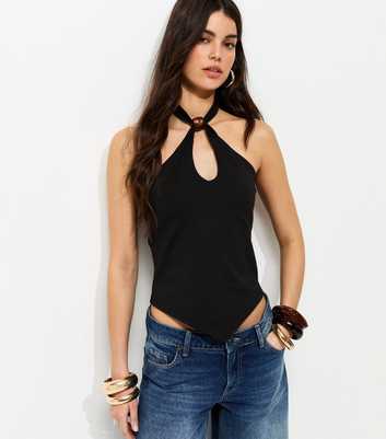 Black Jersey Resin Bead Halter Top