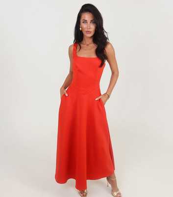 AX Paris Bright Orange Square Neck Midi Dress