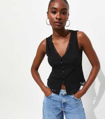 Black Lace Trim Button Up Rib Vest