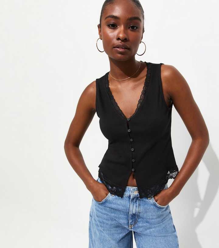Black Lace Trim Button Up Rib Vest