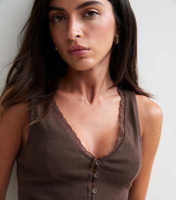 Dark Brown Lace Trim Button Up Rib Vest