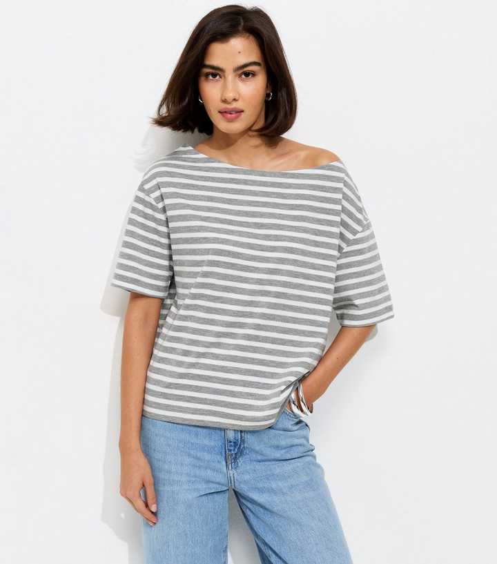 Grey Striped Jersey Off The Shoulder Top