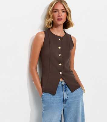 Dark Brown Jersey Crew Neck Faux Pearl Button Waistcoat