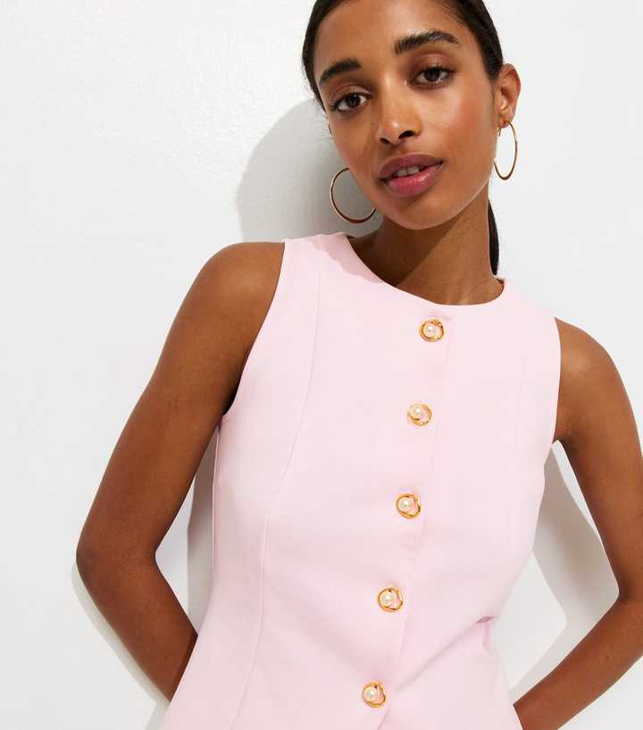 Light Pink Jersey Crew Neck Faux Pearl Button Waistcoat